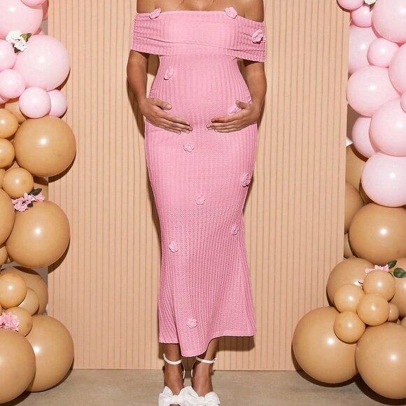 Pink Elegant Women's 3d Floral Off Shoulder Fitted Maternity Baby Dress - Picture 4 of 6